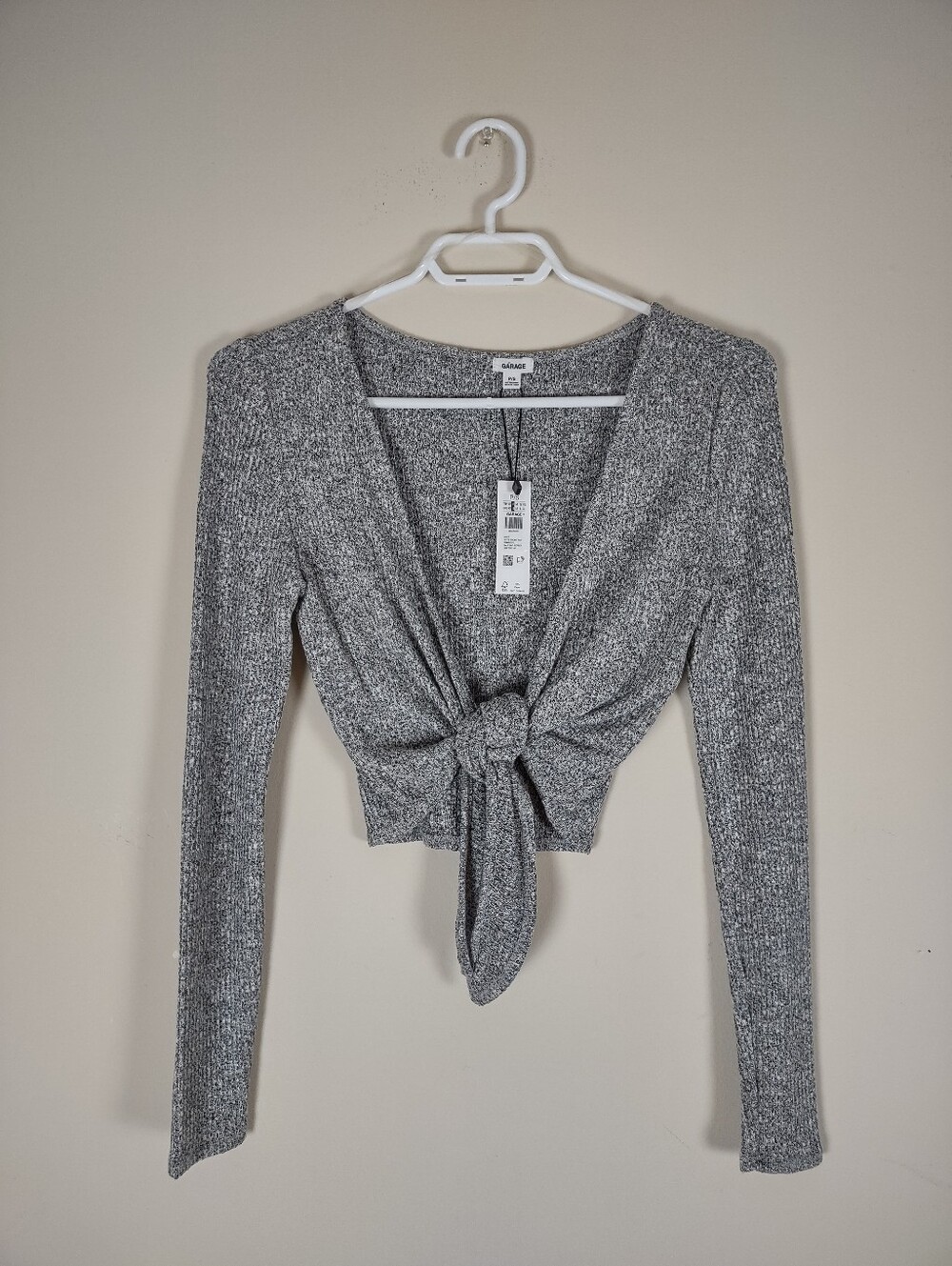Garage Gray Ribbed Tie-Front Crop Top